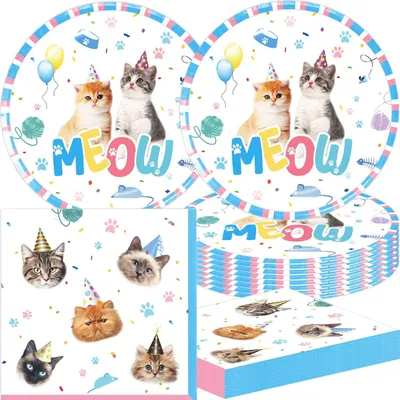Productafbeelding van Accessoires voor een kattengeboortedagfeestje, set van 40 stuks met 20 borden en 20 servetten, decoratie voor kattentuiverjaardagen