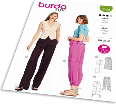 Obrázek produktu pro Střih Burda 5740 - Kalhoty se stahováním v pase, cargo kalhoty