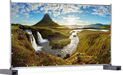 Produktbild von Wallario XXL Outdoor-Poster für Garten oder Balkon, Motiv Island Panorama Fluss  Berge und blauer Himmel, in ca. 340 x 173 cm