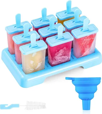 Obrázek produktu pro Formy na zmrzlinu 9 forem na nanuky Opakovaně použitelné bez BPA Modrá Včetně čisticího kartáčku a silikonové skládací nálevky pro letní zmrzlinu DIY