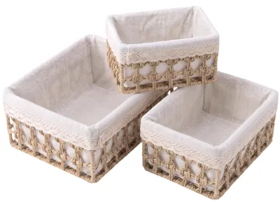 Immagine prodotto di Omgoods - Set di 3 cesti intrecciati con inserti in tessuto