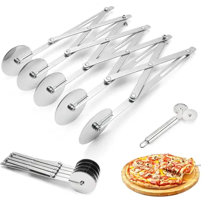 Produktbild von Edelstahl-Pizzaroller mit verstellbaren Mehrfachrädern, ideal für Teig, Pizza und Ölgebäck, praktisches und vielseitiges Küchenwerkzeug.