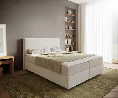 Produktbild von DELIFE Boxspringbett Dream-Well 160x200 cm Bouclé Creme-Weiß mit Taschenfederkernmatratze und Topper Visco