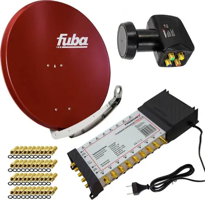 A collection of satellite dish components, including a red satellite dish, a black LNB, a multi-switch box, and a bundle of F-connectors, arranged on a white background.