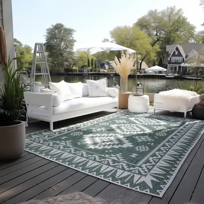 Produktbild von Teppich für den Innen- und Außenbereich, reversibler Teppich, wetterbeständig und wasserdicht, modernes geometrisches Muster, Rautenmuster, Outdoor-Teppich für Garten, Balkon