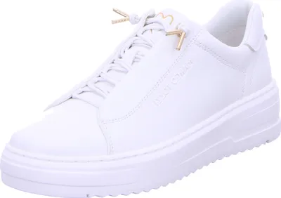A white leather sneaker with a platform sole and gold accents.