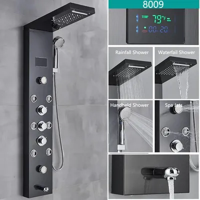 Image de Panneau de douche LED - Douche de pluie avec bras de robinet - Affichage numérique de la température - 4 buses rotatives - Acier inoxydable 304 - Mélangeur 3 voies - Noir 8009