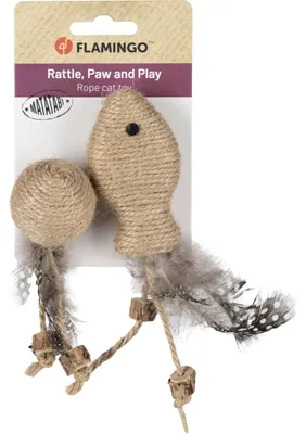 Immagine prodotto di Flamingo: giocattolo per gatti – Palla e pesce – 15 cm – Legno di matatabi e iuta – mi