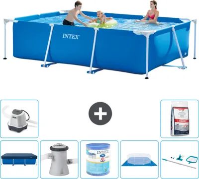 Produktbild von Intex-Schwimmbecken mit rechteckigem Rahmen – 300 x 200 x 75 cm – Blau – im Lieferumfang enthalten Abdeckung - Filterpumpe für Schwimmbad - Filter - Bodenplane - Reinigungskit - Salzwassersystem