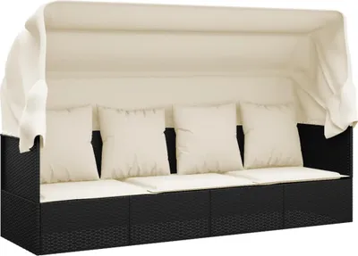 Image de vidaXL Lit lounge d'extérieur avec toit et coussins noir Poly rotin