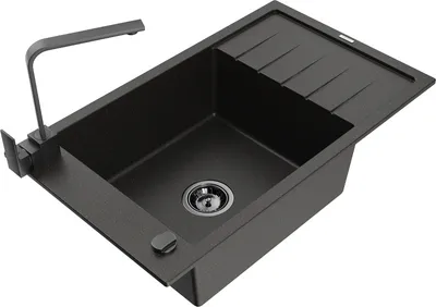 Produktbild von Mexen Elias 1 Becken-Granitspüle mit Abtropffläche und Mischbatterie Rita, Schwarz/Gold metallisch - 6511-75-670300-70-B