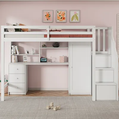 Produktbild von Flieks Etagenbett 90x200cm mit Schreibtisch und Schrank, Hochbett mit Kleiderschrank, Kinderbett mit Treppe und Rausfallschutz, Stockbett Weiß