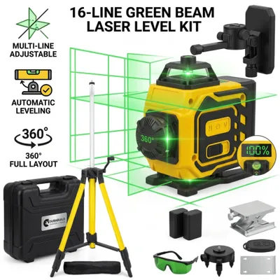 Obrázek produktu pro Křížový laser 4D 16 linií zelený 360° samonivelační s dálkovým ovládáním, 2 akumulátory, LED displej – 30 m