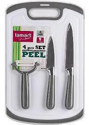 Image de LAMART LT2097 Couteau à éplucher 20 cm et 23,5 cm, planche à découper universelle en plastique 33,5 x 21 cm, grattoir 14 cm.