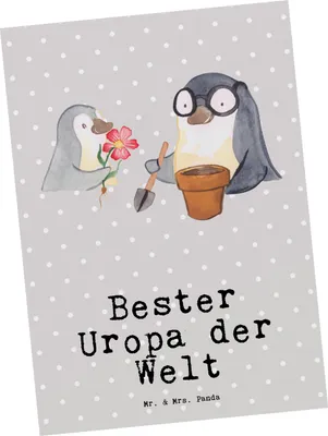 Produktbild von Mr. & Mrs. Panda Postkarte Pinguin Bester Uropa der Welt - Grau Pastell - Geschenk, Grußkarte, Ansichtskarten, Fotokarte, Geschenkidee, Geburtstag, Opa, Urgroßeltern