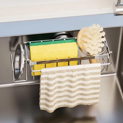 Produktbild von Schwammhalter, Geschirrtuchhalter mit Saugnapf, Schwammhalter für die Spüle, rostfreier und wiederverwendbarer Spülbeckenorganizer zur Aufbewahrung von Schwämmen, Bürsten und Geschirrtüchern, hält die Spüle ordentlich (silber)