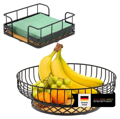 Immagine prodotto di set di 2 cestini da frutta bremermann con portatovaglioli, fruttiera/cestino da pane in bambù e metallo