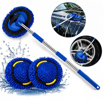 Zdjęcie produktu dla Szczotka do mycia samochodu – szczotka typu mop do mycia – rączka teleskopowa – szczotka do pielęgnacji samochodu 110 cm – 2 wkłady z mikrofibry