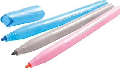 Three markers are arranged diagonally on a white background, with a blue cap to the left.