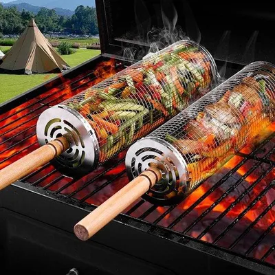 Produktbild von Grillset mit Holzgriff - 2er Set - Camping Outdoor Grillzubehör - Gemüse Fisch Fleisch - Grillgabel Grillzubehör