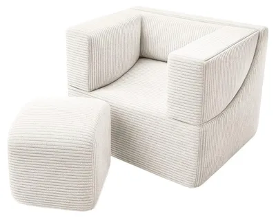 Produktbild von VELINDA 3-in-1 Kindersofa aus Schaumstoff – Ausklappbarer Kindersessel mit waschbarem Cordbezug – Beige