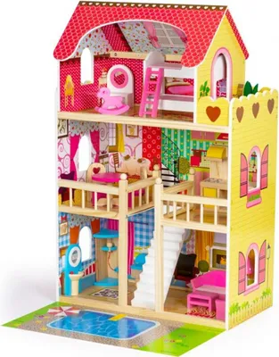 Produktbild von Puppenhaus aus Holz, Möbel, Schwimmbad + Beleuchtung ECOTOYS