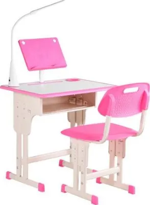 Produktbild von HOMCOM Kinderschreibtisch mit Stuhl für 6-12 Jahre, höhenverstellbar, LED-Lampe, Bücherständer und Stifthalter, Stahl und MDF, rosa