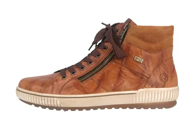 A side view of a brown leather high-top sneaker with a zipper.
