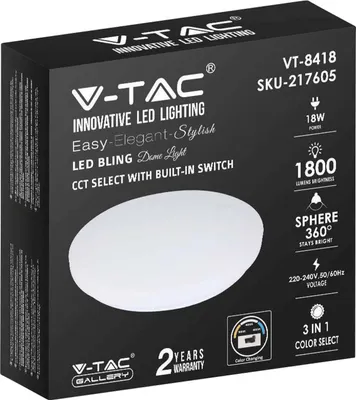 Immagine prodotto di V-TAC VT-8418 Plafoniera led 18W rotonda bianca color change 3in1 CCT switch interno cover opaca satinata IP20 - sku 217605