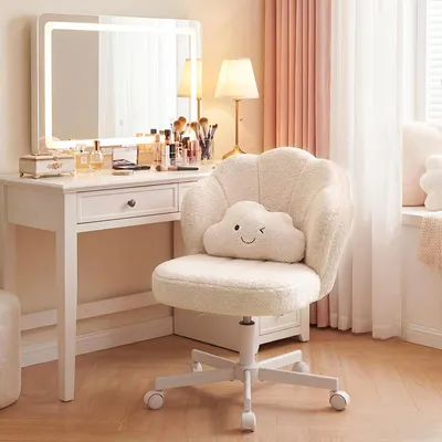 Image de Chaise de bureau COMHOMA, chaise de maquillage à roulettes avec double dossier et coussin moelleux, chaise pivotante réglable en hauteur, tissu Teddy, beige
