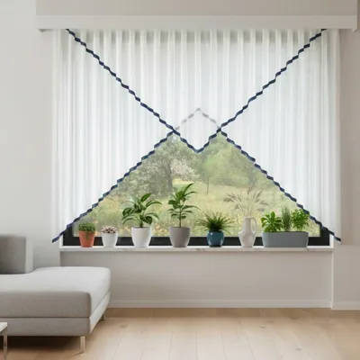 Produktbild von Kuvert-Store weiß mit blauem Satinband und Faltenband - Größe (HxB): 145x300cm