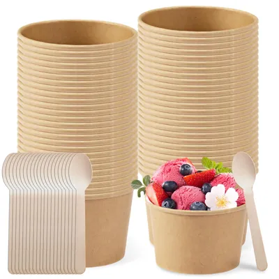 Eisbecher aus Karton, 240 ml, 50 Stück mit Löffeln, braun