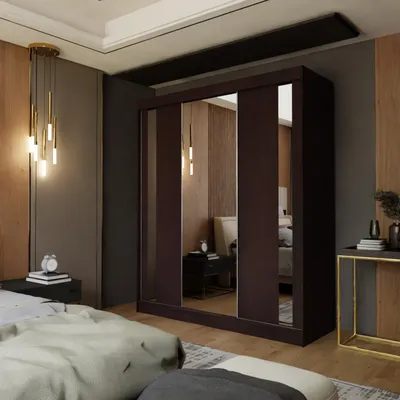 Zdjęcie produktu dla Dąb wenge szafa z lustrem 180 cm Luna Nowoczesna szafa z drzwiami przesuwnymi Trzydrzwiowa szafa do sypialni z szufladami i drążkiem na ubrania, Rozmiar: 180cm, Kolor: dąb wenge, Szuflady: 2 szuflady