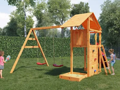 Produktbild von Fungoo Teak Spielturm Smart 2, Doppelschaukel mit Kletterwand und Leiter, inklusive Sandkasten mit Sitzbrett, Teleskop und Lenkrad, aus robustem Kiefernholz