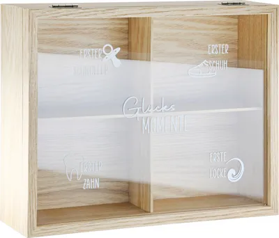 Immagine prodotto di Gilde Kästchen, rechteckig, "Glücksmomente", Schriftzug, Glas, MDF, naturfarben, VE 3, L. 7.5 cm, B. 26.5 cm, H. 21 cm 53261 4063387532614