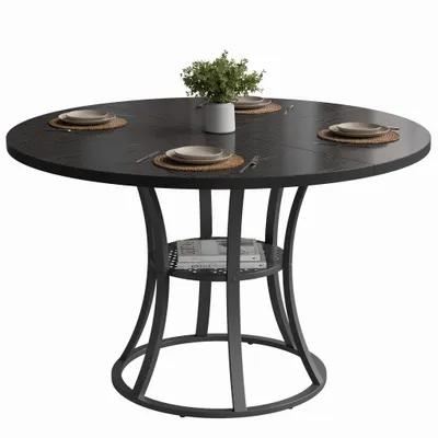Produktbild von Mondeer Esstisch Rund 108 cm, Landhausstil Holzoptik mit 6 Metallbeinen, Industrie-Design, Ablage, 2-4 Personen, Schwarz