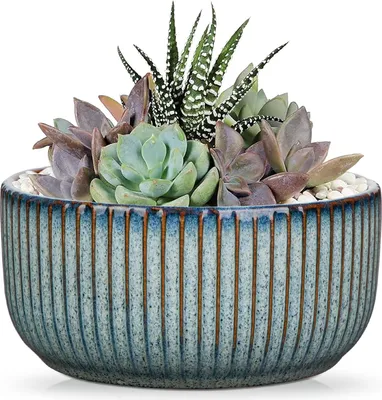 Zdjęcie produktu dla Żebrowana ceramiczna doniczka do bonsai z otworem odpływowym i podstawką - niebieska, średnica otworu 14 cm