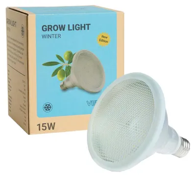 Zdjęcie produktu dla Lampa LED do uprawy roślin Venso EcoSolutions GrowLight Winter E27 15 W 140°, lampa LED Venso EcoSolutions o pełnym spektrum do zimowania, lampa LED do uprawy roślin o pełnym spektrum, żarówka LED, żarówka LED o pełnym spektrum E27 do uprawy roślin