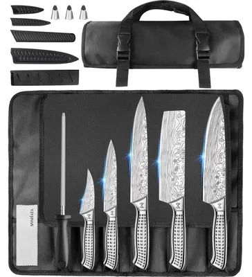 Immagine prodotto di Set di coltelli da cucina da 10 pezzi con custodia e affilacoltelli | Acciaio inossidabile | Set professionale di coltelli da cucina con protezione per i coltelli e protezione per le dita