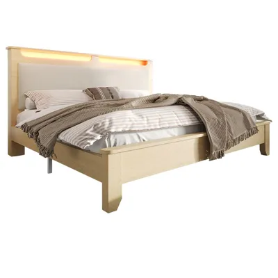 Produktbild von Doppelbett Holzbett 180×200cm, Kopfteil mit Stauraum, LED-Beleuchtung und Beigefarbener Cordpolster-Rückenlehne, Bettrahmen mit Holzlatten