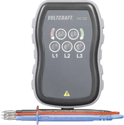 A Voltcraft VC-32 phase rotation tester with attached test leads.