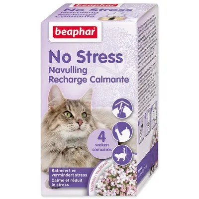 A product box for Beaphar No Stress cat refill, featuring a cat and floral imagery.
