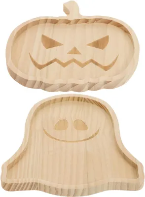 Productafbeelding van 2-delig houten dienblad voor Halloween, decoratief dienblad van natuurlijk hout, multifunctionele snack en fruitdienblad