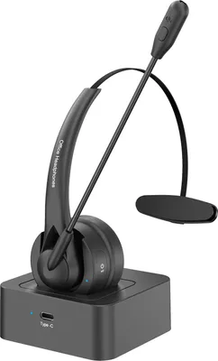 A black wireless headset with a microphone and charging base is shown against a white background.