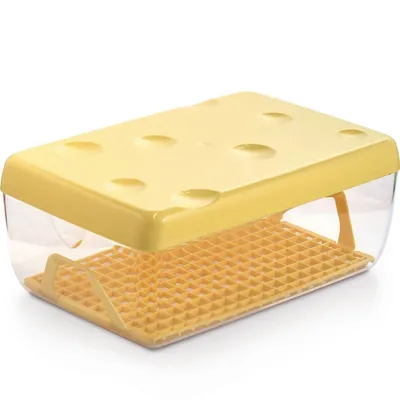 A cheese keeper container with a yellow lid and a clear base, shown on a white background.