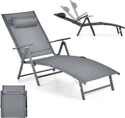 Zdjęcie produktu dla KOMFOTTEU leżak z zagłówkiem, składany leżak z 7 regulowanymi oparciami, leżak ogrodowy do 150 kg, 142 x 61 x 103 cm (szary)