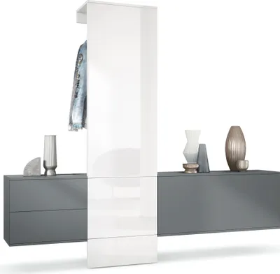 Produktbild von Vladon Garderobe Carlton Set 1, Germany, Flur-Garderobe aus Deko-paneel, Schubladen-Kommode & Schuhschrank, Anthrazit matt / Weiß Hochglanz (209 x 193 x 35 cm)