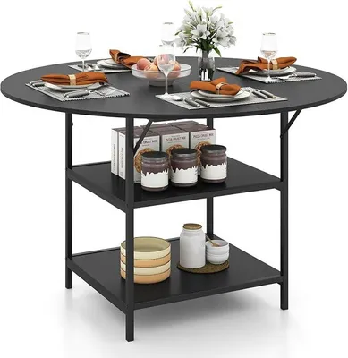 Obrázok produktu pre Krúhly jedálenský stôl, priemer 120 cm, kuchynský stôl s 2 odkladacími plochami, jedálenský stôl pre 4 až 6 osôb, drevený jedálenský stôl v industriálnom štýle s kovovým rámom, obývačkový stôl, okrúhly stôl do kuchyne alebo obývačky