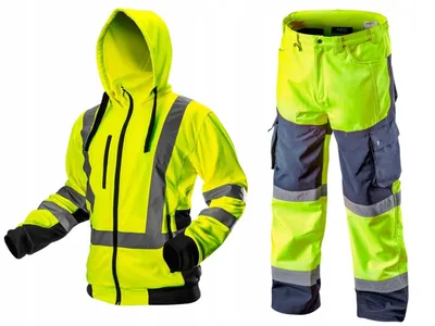 A yellow and gray work jacket and pants set.