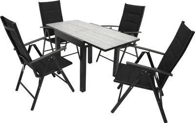 Produktbild von TPFGarden GARTEN-GARNITUR Ashford - 5-teilige Garten-Essgruppe (4x Klappsessel, Aluminium dunkelgrau + Textilgewebe gepolstert schwarz, 1x Balkon-Ausziehtisch 70/140x70cm, Aluminium anthrazit, Tischplatte Glas in Keramikoptik hellgrau)
